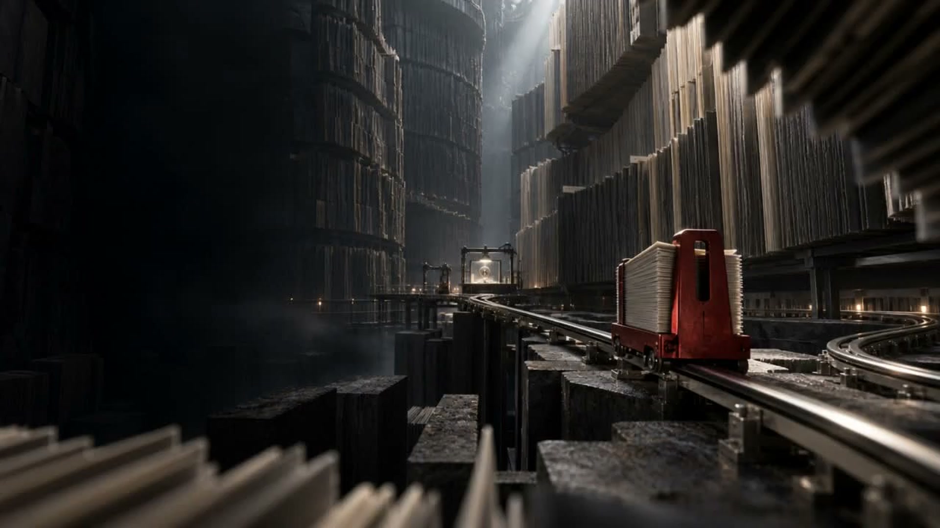 Un dossier rouge traverse un immense paysage d’archives et de mécanismes de précision.